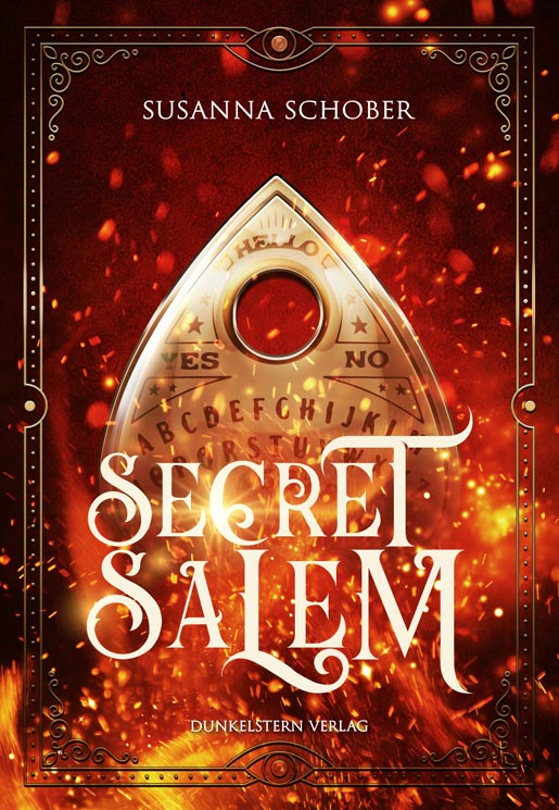 Buchcover "Secret Salem": flammendes Rot und Ouijabrett